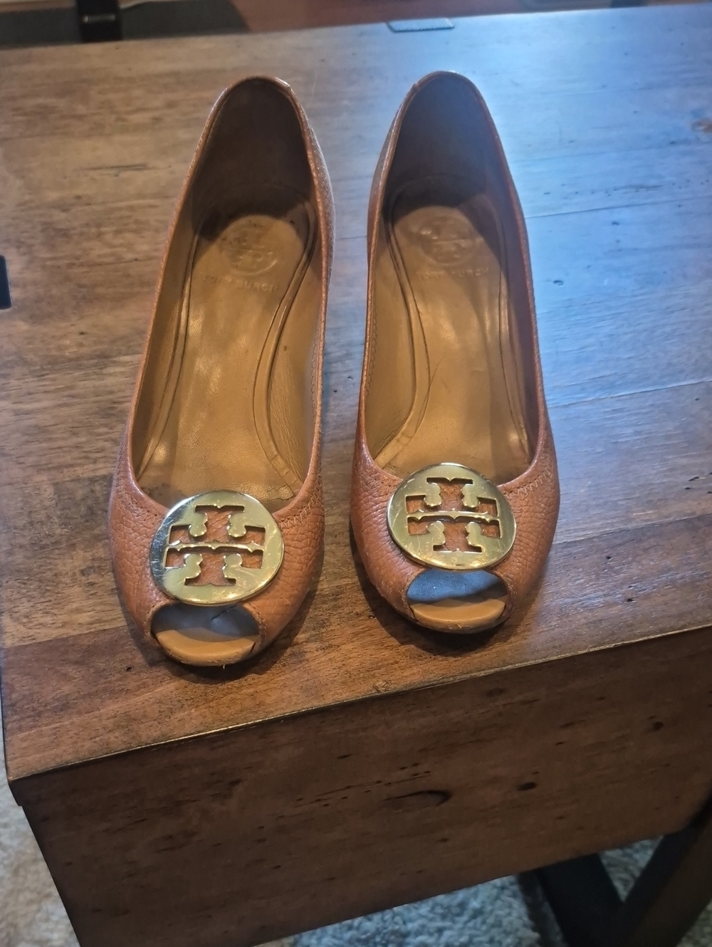 Tory Burch Cognac Leather Peep-Toe Heels with Gold Logo Medallion